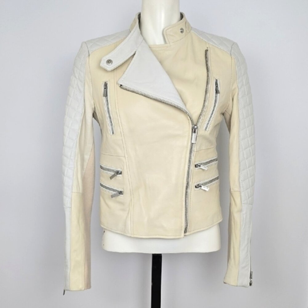 BCBGMAXAZRIA Women's Cream Quilted Biker Leather Lined Jacket Zippers Size Small